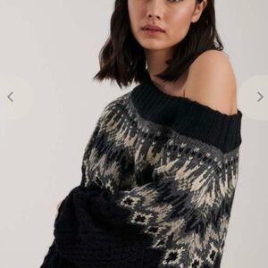 John + Jenn Black and Cream Off-Shoulder Fair Isle Knit Sweater